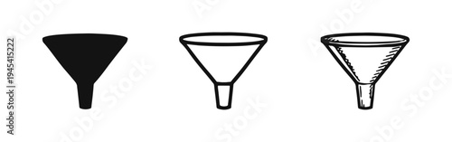 Funnel Icons Set. Pouring and Filtering Tool Symbols. Kitchen, Laboratory, and Automotive Use. Liquid Transfer.