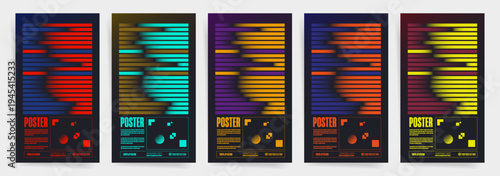 Futuristic Glitch Poster Template Set. Neon Abstract Vector Covers with Striped Distortion and Techno Gradient Shapes

