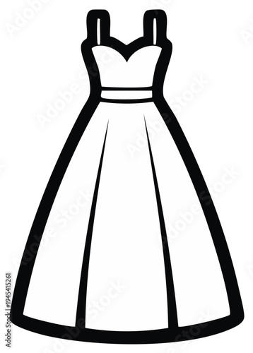 Elegant black outline illustration of a long formal dress with a sweetheart neckline, shoulder straps, and a gracefully flowing pleated skirt.