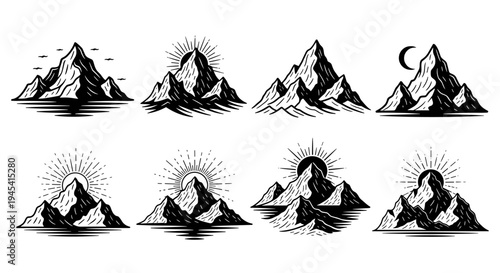 Collection of Hand-Drawn Mountain Peaks with Sun and Moon Motifs.