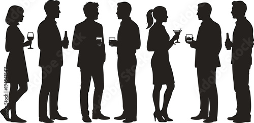 People drinking at party silhouettes, men and women holding wine glass beer bottle cocktail, social gathering nightlife vector