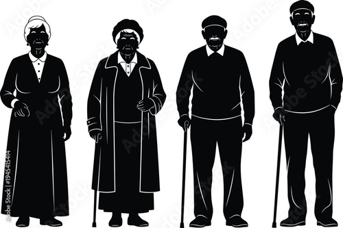 Senior couple silhouettes. Elderly man and woman in various poses, with and without walking sticks, vector illustration