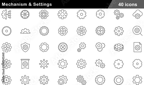 Mechanism and Settings Thin Line Icons Set Gear Cogs, Engineering Components, System Preferences, Technical Configurations and Interlocking Symbols for UI