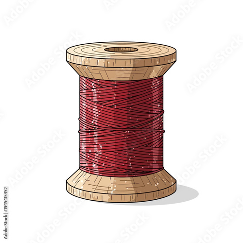 Wooden spool with red thread, isolated on white background