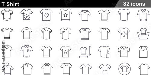 T Shirt Thin Line Icons Set Apparel Design, Garment Styles, Neckline Variations, Graphic Tees and Retail Tags Symbols for Fashion Industry