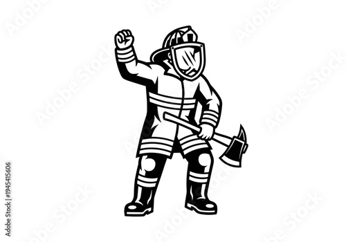 Firefighter with Axe and Raised Fist Mascot Black and White.