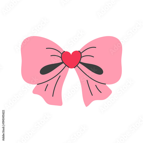Romantic Pink Ribbon Bow with Heart Shape. Elegant tied knot ornament for feminine celebration graphics and festive design elements. Flat vector illustration