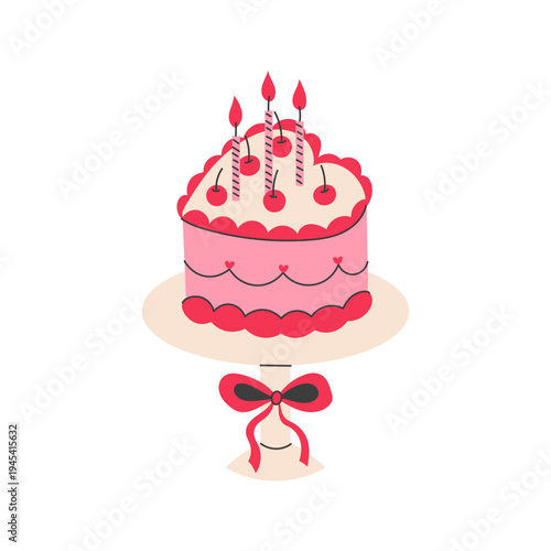 Pink Birthday Cake With Candles and Cherries. Festive heart shaped Vintage layered dessert on stand berries cream Ribbon Bow. Sweet decorative element party holiday design. Vector Illustration