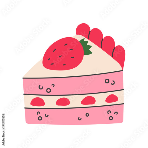 Strawberry Cake Slice Illustration. Cream pastry piece with berry topping. Cute confectionery vector illustration for bakery graphics and celebration designs.