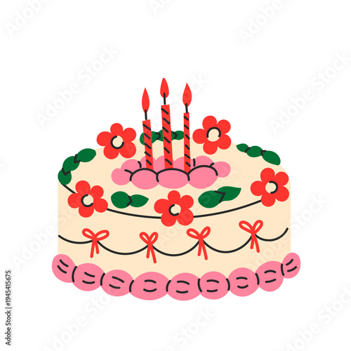 Vintage Floral Birthday Cake with Candles. Charming pastry decorated with blossoms, leaves and creamy topping. Sweet festive dessert with glowing flames Delicate bakery celebration vector illustration