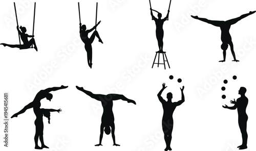 Set of Circus Acrobats and Performers Silhouettes, Vector Illustrations of People Juggling, Balancing, and Doing Aerial Gymnastics