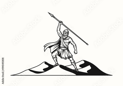Ancient Warrior Standing Victorious on Mountain Peak Holding Spear.