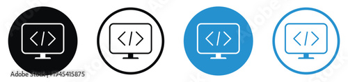 Vector set of computer monitor icons featuring a coding slash and brackets symbol. Clean, minimalist design in black and blue styles for web developers, software engineering, and IT tech.