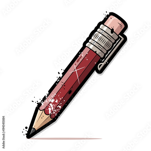 Red pencil with eraser, drawing tool, creative concept, isolated on white