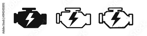 Check Engine Light Icon Set. Car Engine Warning Symbol with Lightning Bolt in Different Styles. Vector Illustration.