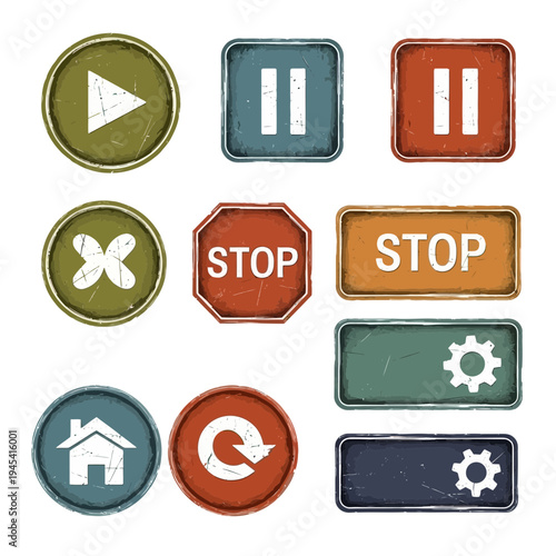 Set of grunge style UI buttons: play, pause, stop, settings, home, refresh