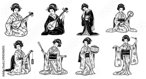 Traditional Japanese Geisha Women in Kimono Playing Music and Dancing.