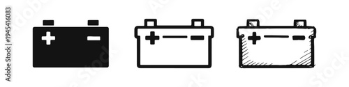 Car Battery Icon Set. Automotive Power Source Symbol with Plus and Minus Terminals in Different Styles. Vector Illustration.