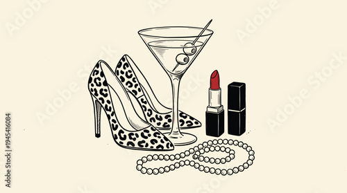 Fashion illustration of leopard print high heel shoes, martini glass, lipstick, and pearl necklace on beige background, symbolizing glamour and sophistication in a stylish nightlife setting.