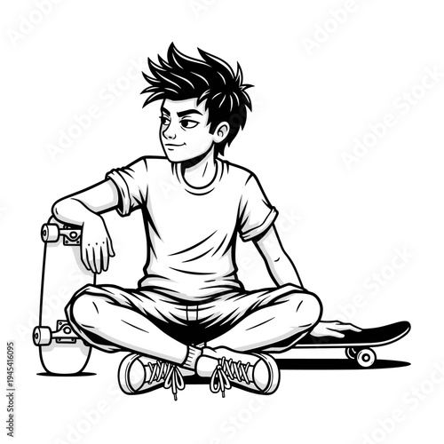 Cool young man with spiky hair sitting cross-legged next to a skateboard.