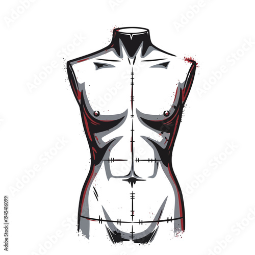 Stylized male torso mannequin illustration with red outline and grunge texture