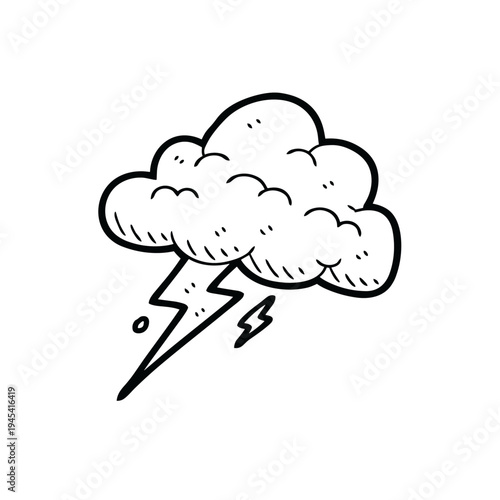 Hand-drawn cartoon cloud with lightning bolt doodle illustration.