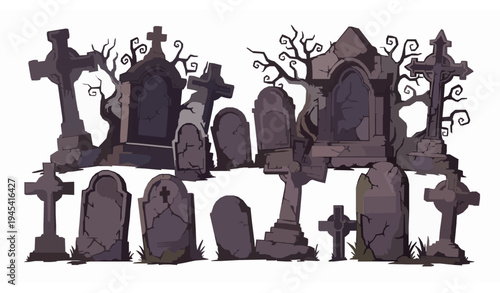 Ancient halloween cemetery tombstone icons vector set
