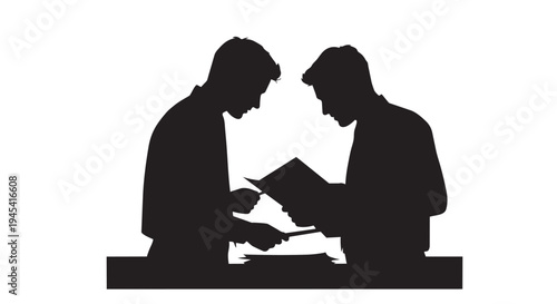 Illustration of silhouette of two businessmen discussing documents at a desk