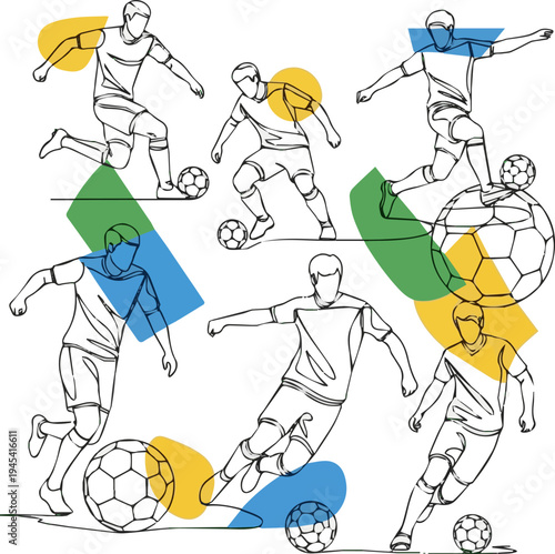 Create a realistic set of soccer players in dynamic action. Minimalist continuous line art composition featuring athletic figures and footballs. Banner design for World Cup events. vector art .