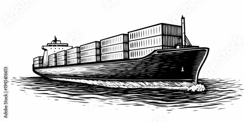 Large Ocean Cargo Ship Illustration - Maritime Freight Container Vessel Sketch