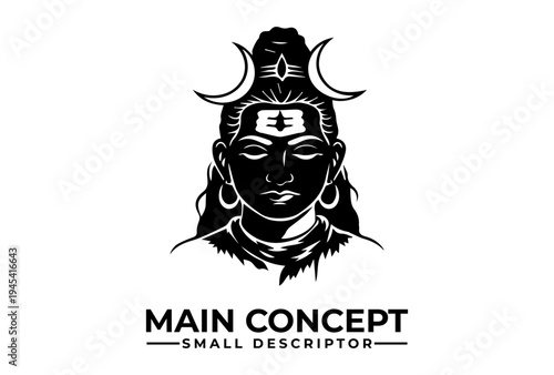 Black and white illustration of Lord Shiva with a serene expression, adorned with a trident and earrings, symbolizing maha shivaratri in a simple, graphic design.