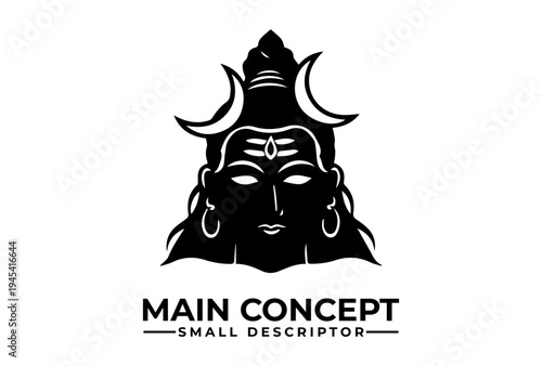 A black silhouette illustration of Lord Shiva's face with a serene expression, adorned with a crescent moon and earrings, against a clean white background for maha shivaratri celebrations.