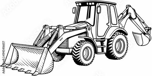 Heavy Industrial Backhoe Loader Sketch - Construction Excavator Machinery Illustration