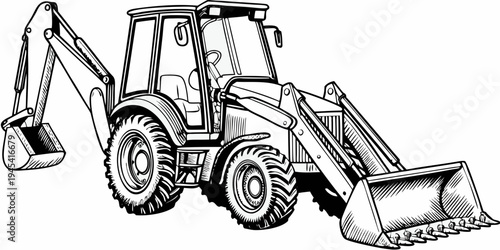 Heavy Duty Backhoe Loader Illustration - Industrial Construction Excavator Machinery Sketch