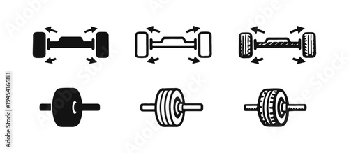 Wheel Alignment and Suspension Icon Set. Car Chassis and Steering System Symbol. Vector Illustration.