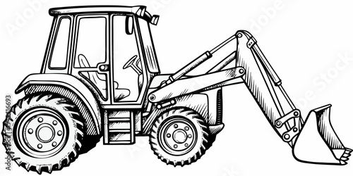 Industrial Backhoe Tractor Illustration - Construction Excavator Earthmover Machine Sketch