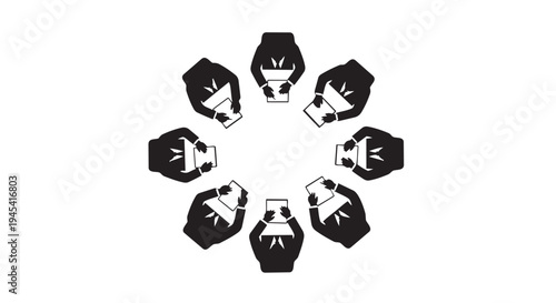 Illustration of black and white illustration of six megaphones in a circle