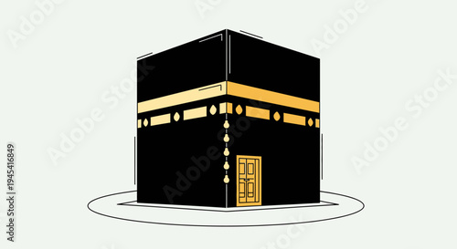 Stylized black cube building with golden details, symbolizing a sacred shrine for worship and spiritual journey, religious architecture