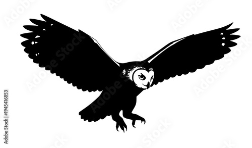 Black silhouette owl isolated on white background