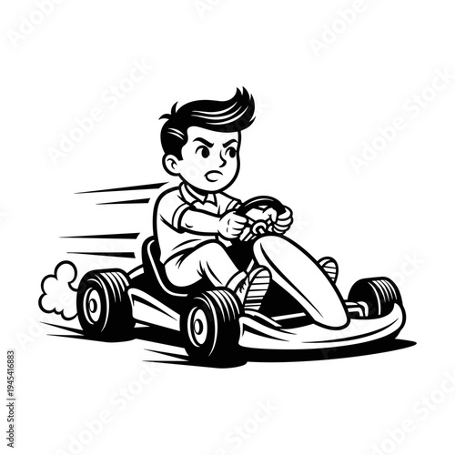Young boy intensely driving a go-kart with determination.