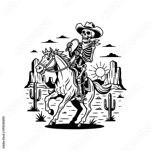 Skeleton cowboy riding horse in desert landscape.
