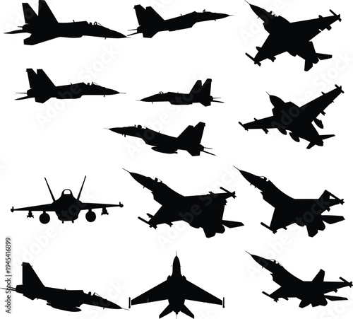 Set of military jet aircraft and fighter planes in various flight poses, black silhouette vector illustration, air force