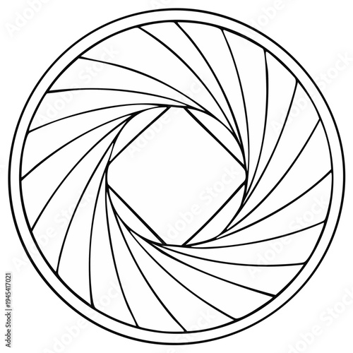 Abstract circular iris aperture symbol with swirling blades creating a square opening
