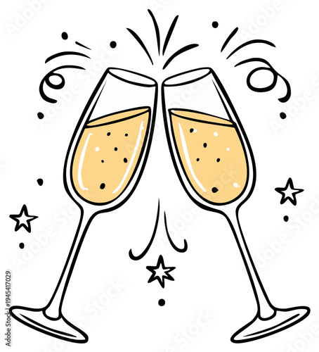 Two Champagne Glasses Clinking, Festive Cartoon Illustration