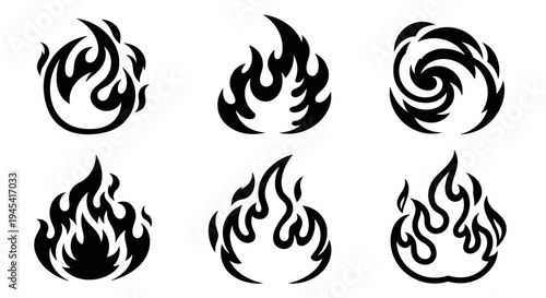 Set of six stylized fire flame icons in black and white.