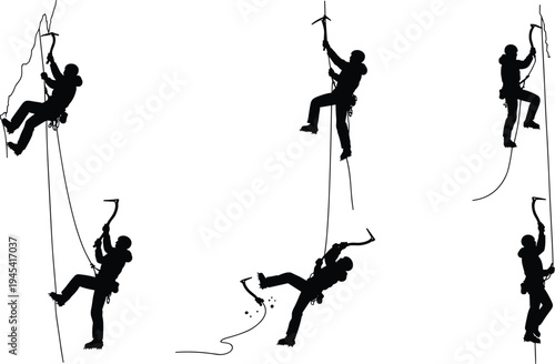 Set of Mountain Climber Silhouettes, Vector Illustrations of Men Rock Climbing and Ice Climbing with Ropes and Ice Axes