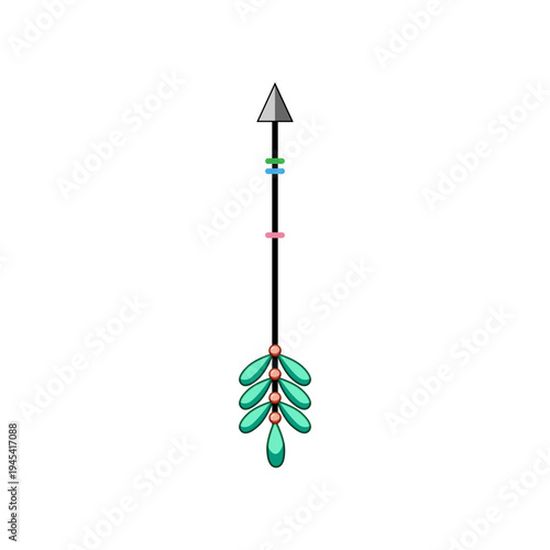 Bohemian style arrow designing with colorful beaded shaft details and teal leaf like fletching, embodying a decorative and free spirited tribal design