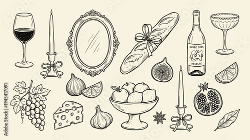 A beautifully illustrated still life arrangement featuring wine, cheese, fruit, and decorative items, evoking a sense of elegance and refinement in a classic setting.