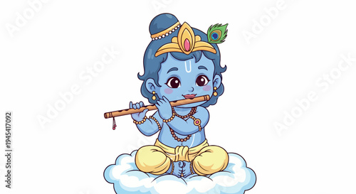 Illustration of a blue-skinned deity playing a flute while sitting on a cloud with a peacock feather on his head