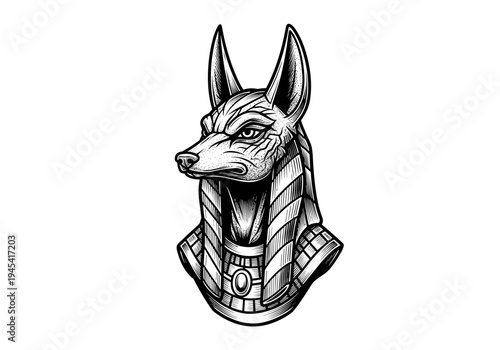 Anubis Egyptian God Head Black and White Illustration.